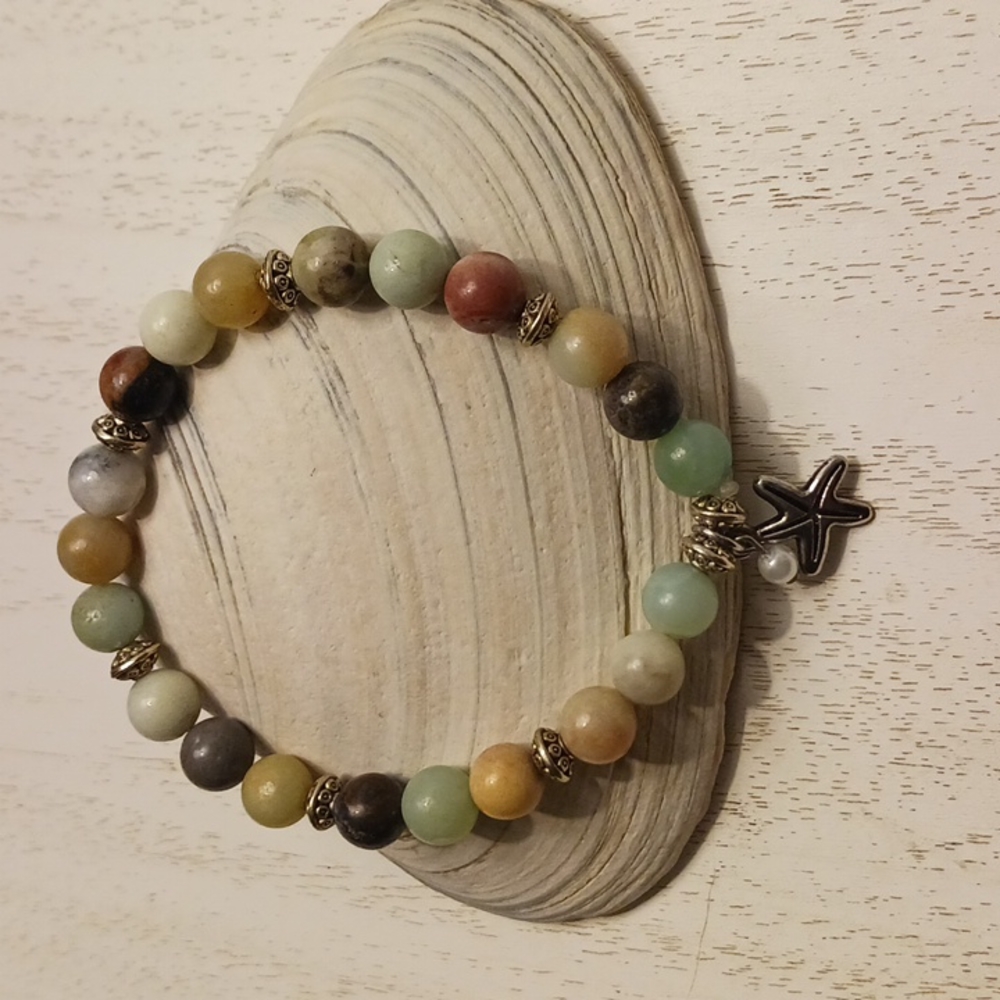 Handmade Beaded Stretch Bracelet 8" with Starfish Charm